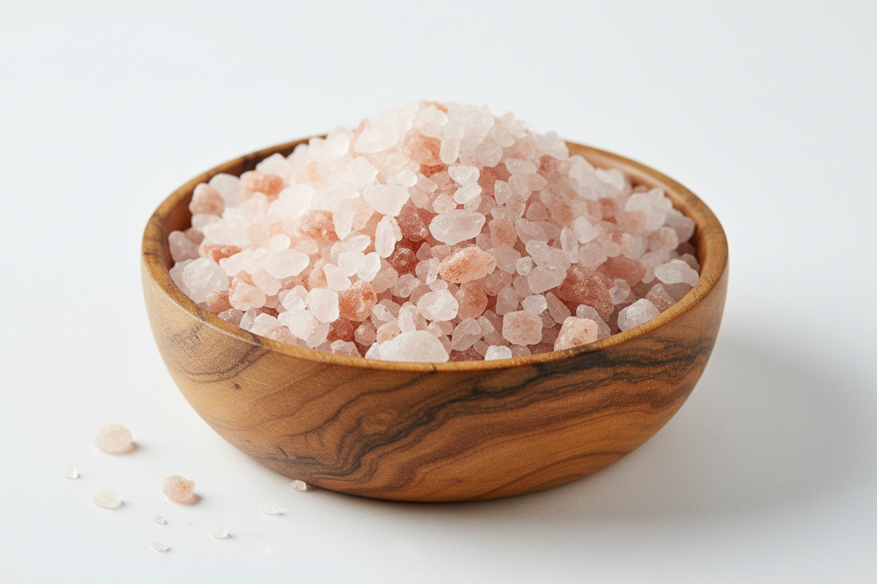 Himalayan Pink Salt Crystals in Wooden Bowl