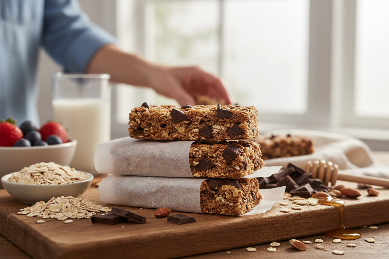 Dark Chocolate Chip Granola Bars with Ingredients