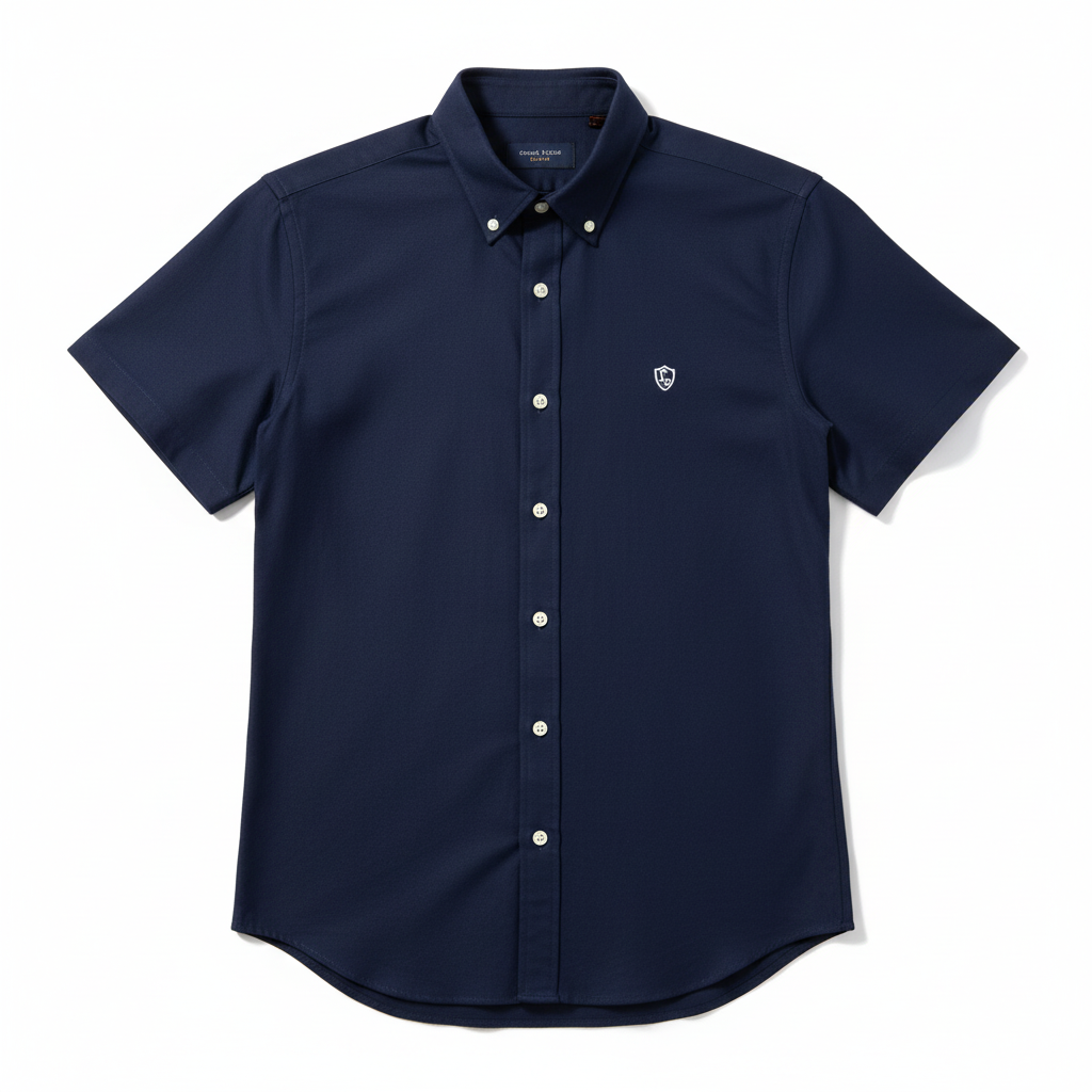 LC Shield Short Sleeve Oxford Shirt in Navy Blue – Hero Studio Shot