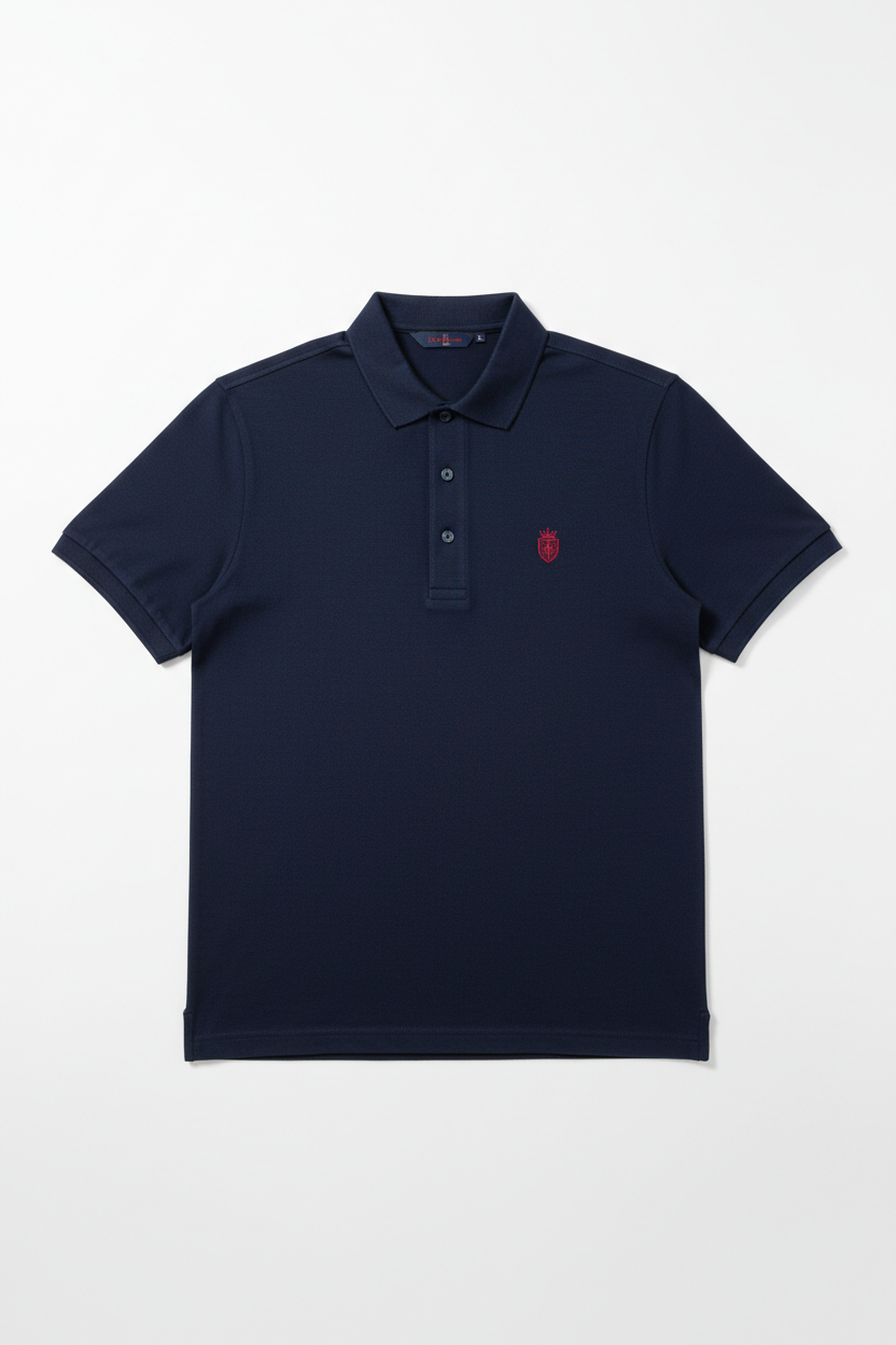 Navy blue premium cotton polo shirt with red crowned shield logo