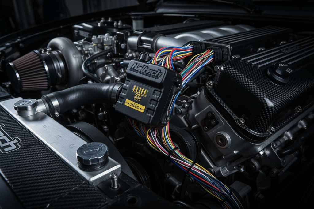 Haltech Elite 550 ECU installed in performance car engine bay