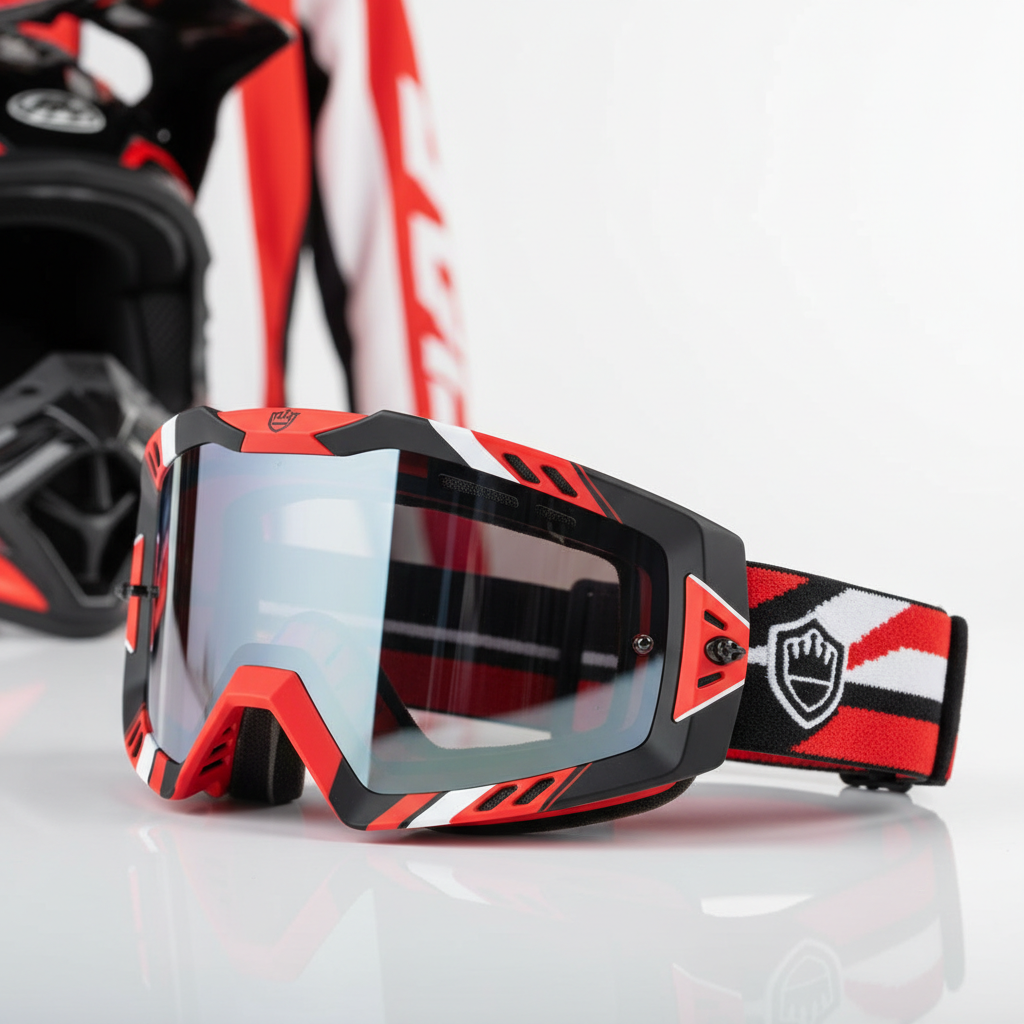 Premium motocross goggles in black, red, and white