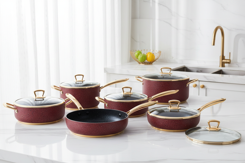 Red Granite Cookware Set in bright modern kitchen