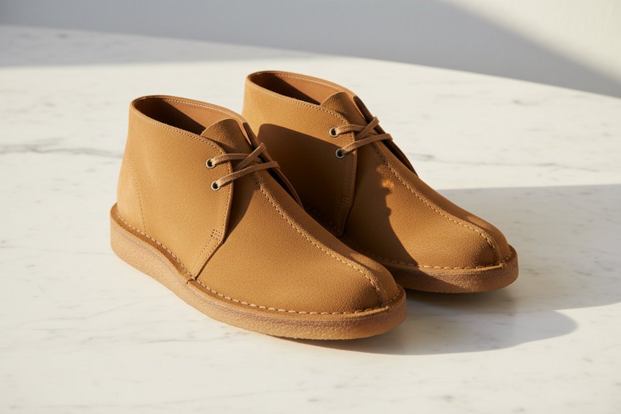 Clarks Desert Trek Tan Suede — flat lay on marble