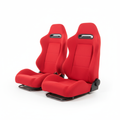 Red fabric racing bucket seats pair on white background product shot