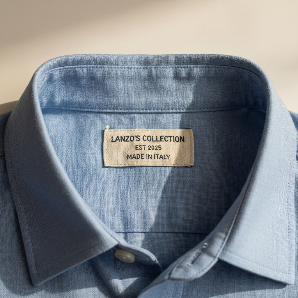 LANZO'S COLLECTION Powder Blue Linen Short Sleeve Shirt — collar tag detail