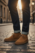 Clarks Desert Trek Tan Suede — lifestyle editorial shot