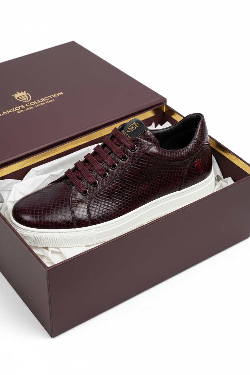 Premium Burgundy Snake Material Sneaker with Laces in Luxury Packaging - LANZO'S COLLECTION