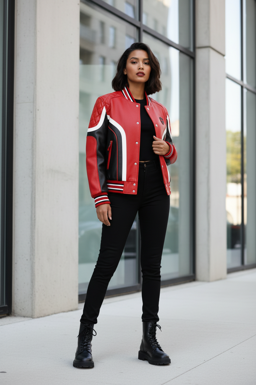 Female model wearing red and black varsity racing jacket