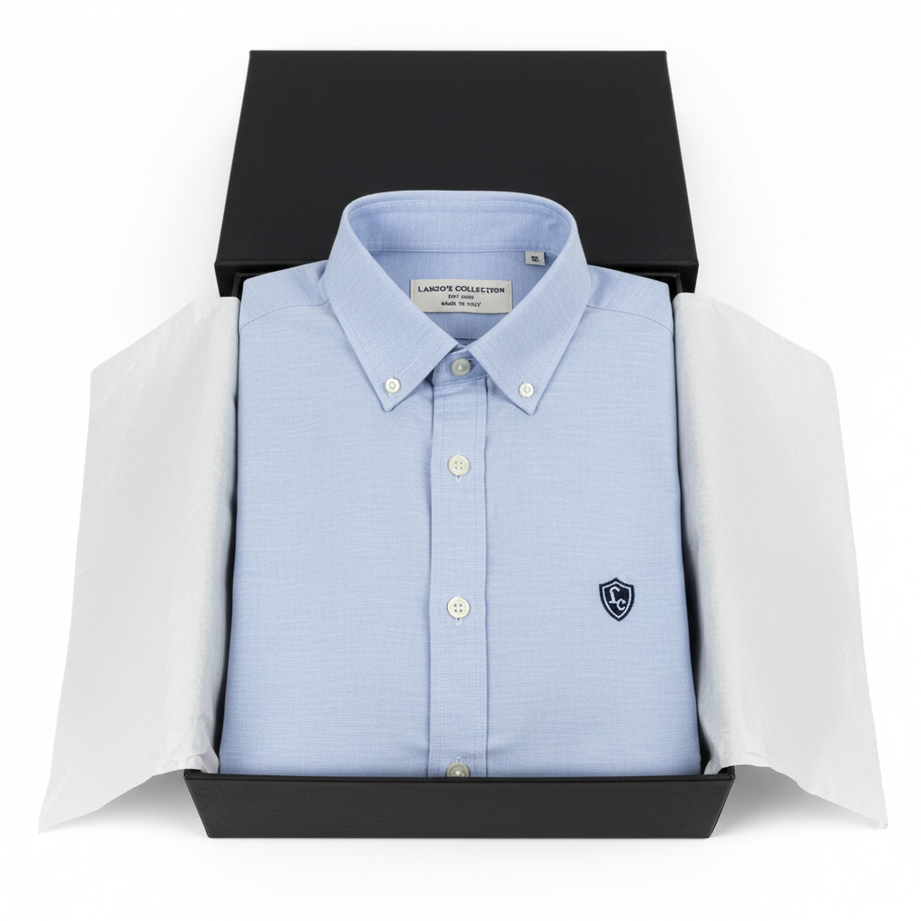LC Shield Oxford Button Shirt in Light Blue – Luxury Unboxing Shot
