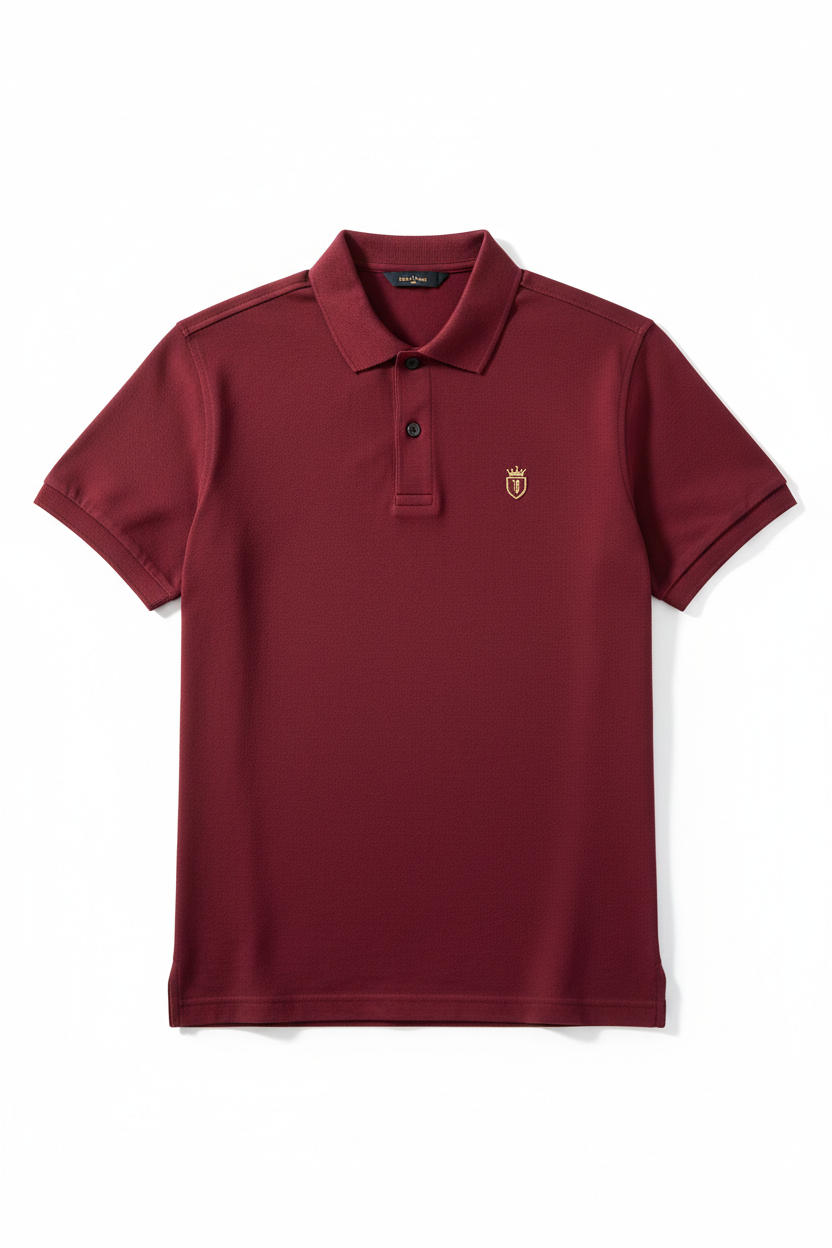 Burgundy premium cotton polo shirt with gold crowned shield logo