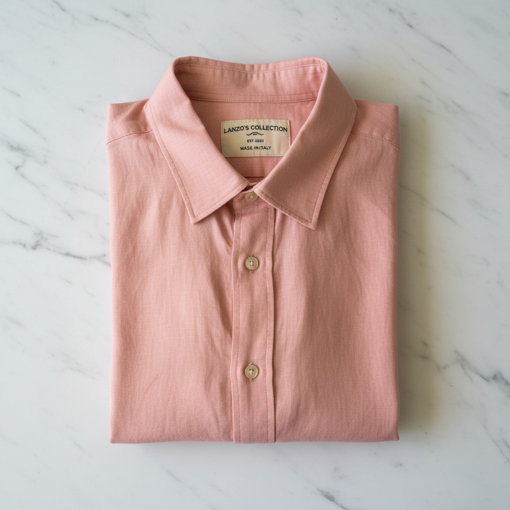 LANZO'S COLLECTION Salmon Pink Linen Short Sleeve Shirt — premium flat lay