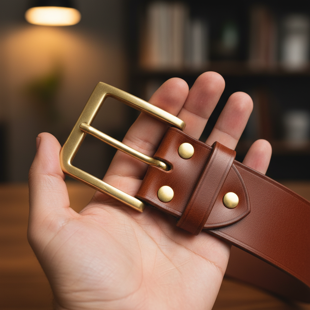 Detailed view of brass hardware and leather craftsmanship