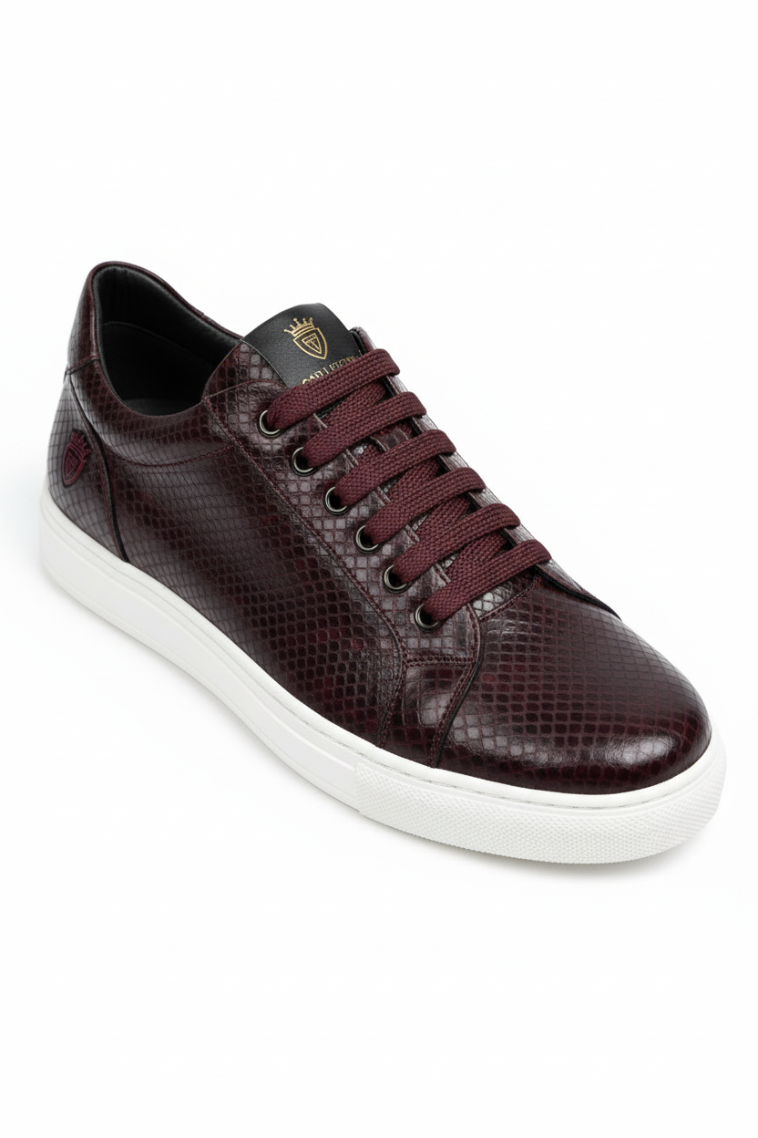Burgundy Snake Material Sneaker - Craftsmanship Detail with White Sole