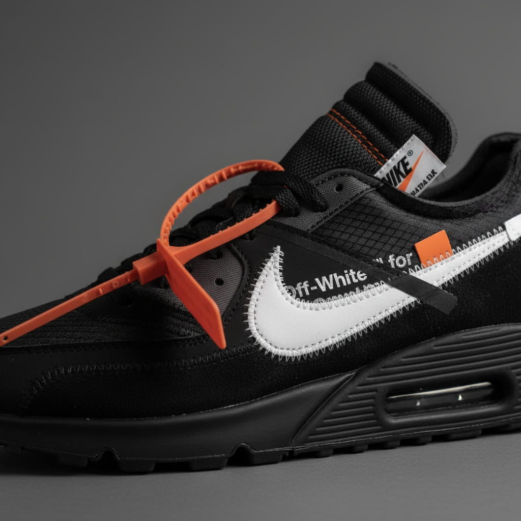 Close-up of Off-White x Nike Air Max 90 Black orange zip tag and deconstructed swoosh
