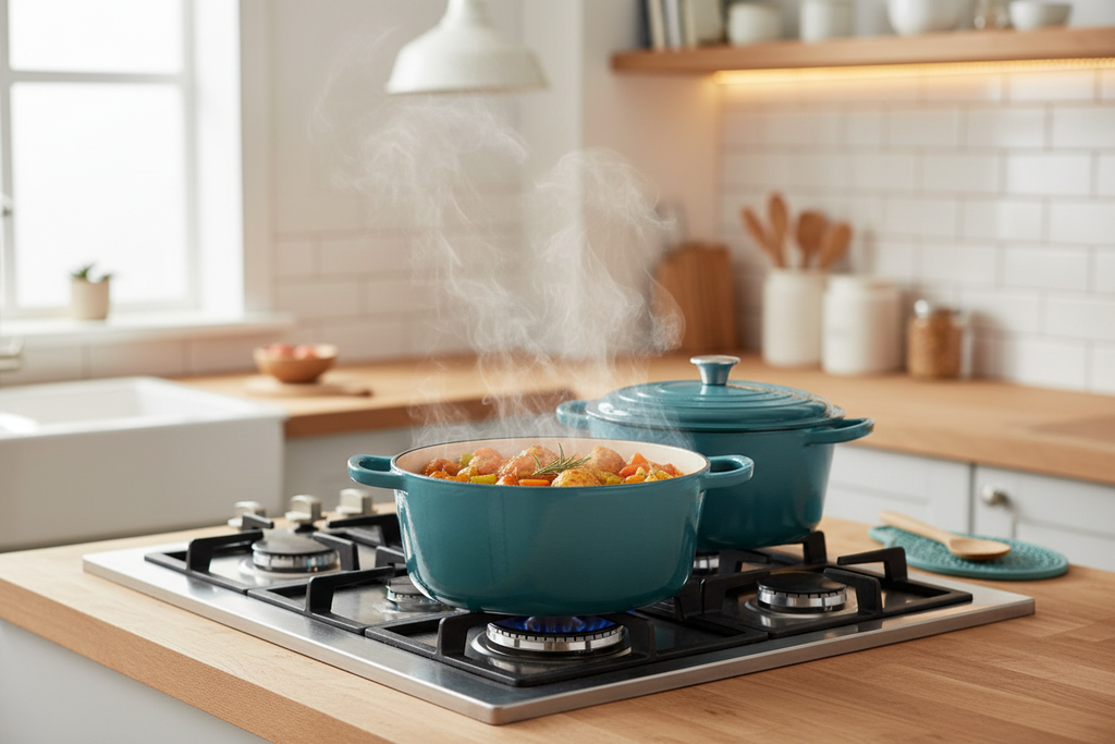 Teal cast iron dutch oven cooking on stove lifestyle shot