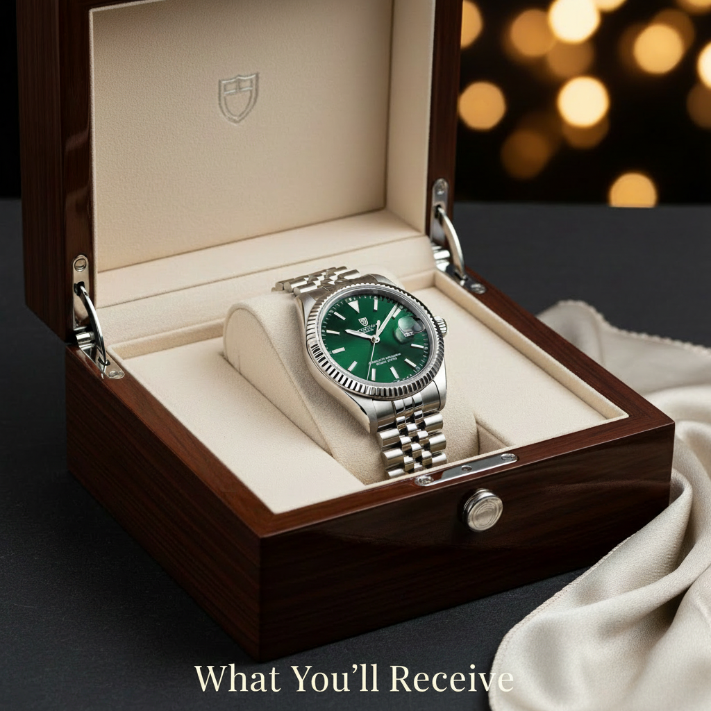 Premium luxury green dial stainless steel watch presented in an open wooden luxury gift box with cream interior