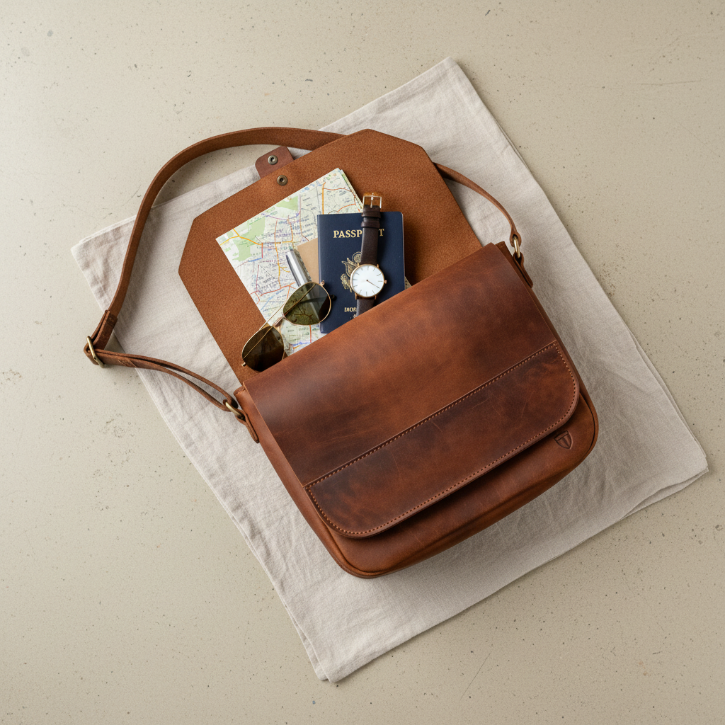 Brown Leather Messenger Bag - Social Media Flat Lay
