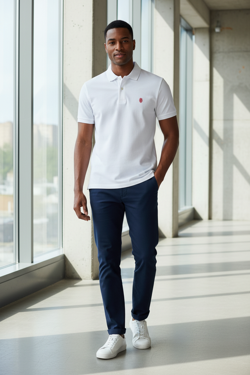 Model wearing white premium cotton polo shirt with red crowned shield logo