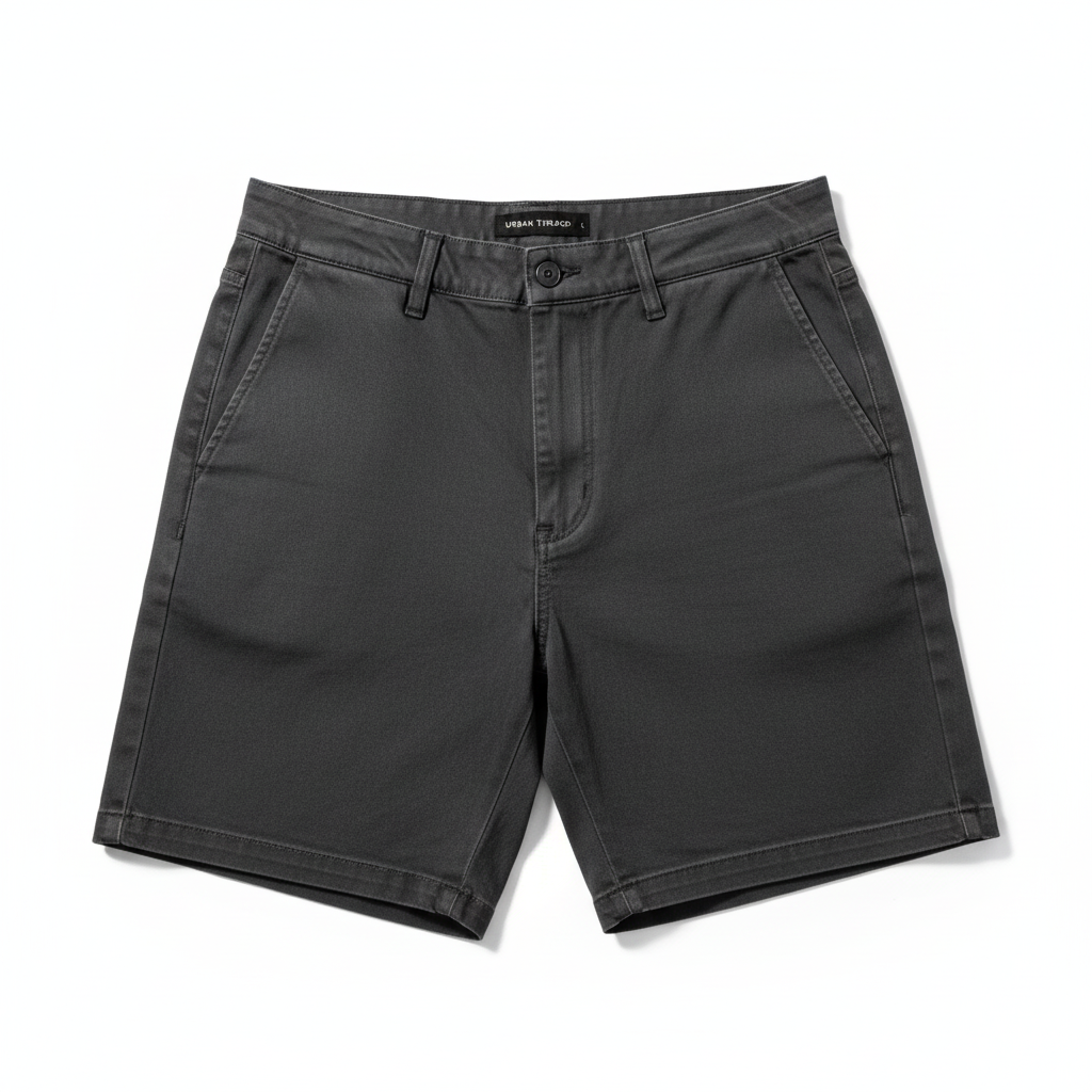 Men's dark grey casual stretch chino shorts flat lay