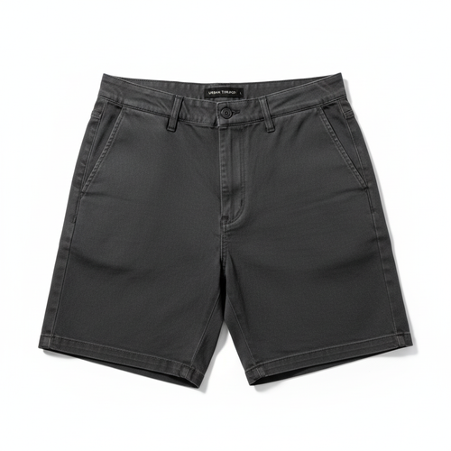 Men's dark grey casual stretch chino shorts flat lay