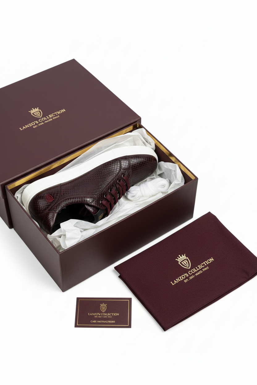 Burgundy Snake Material Sneaker - Complete Unboxing Package with Gold Branding