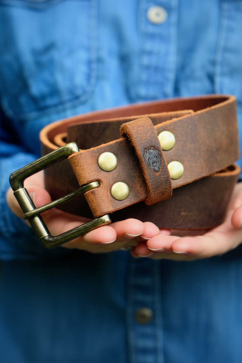 Distressed brown leather belt with brass buckle held in hand