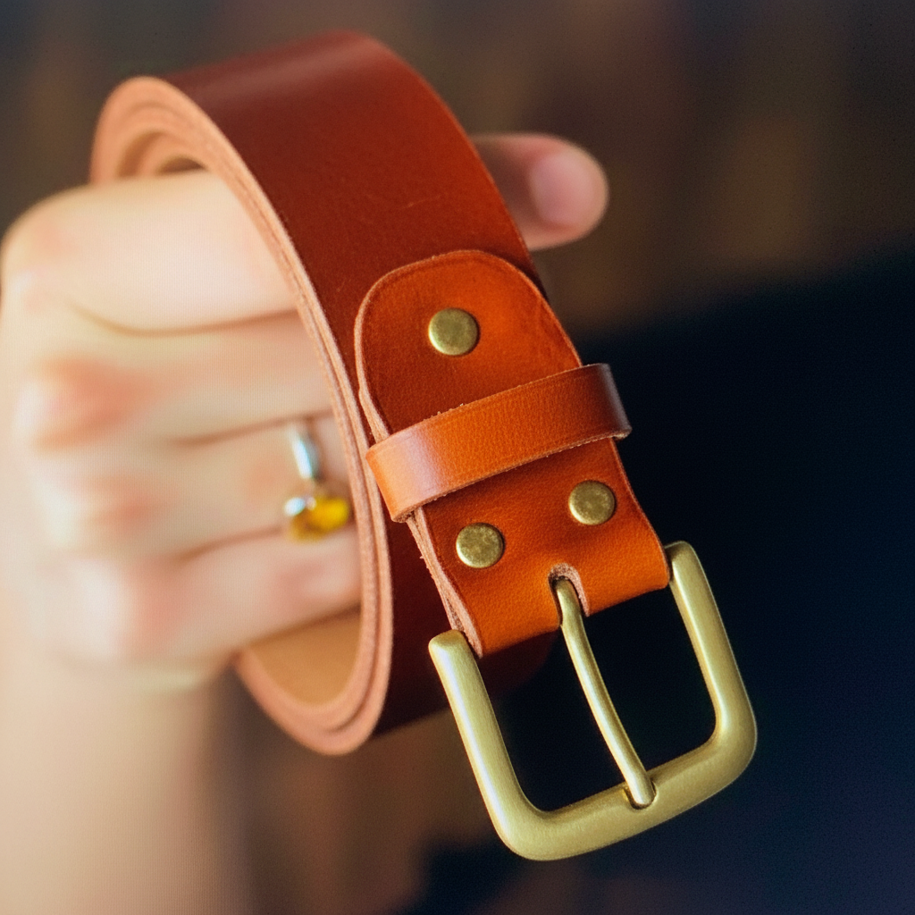 Close-up of brass buckle and rivet details