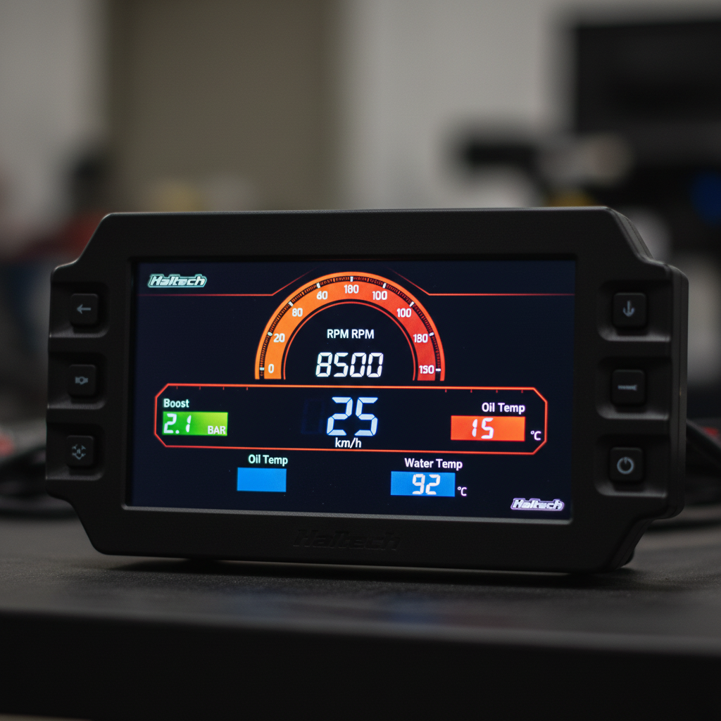 Haltech iC-7 display screen showing live engine data gauges