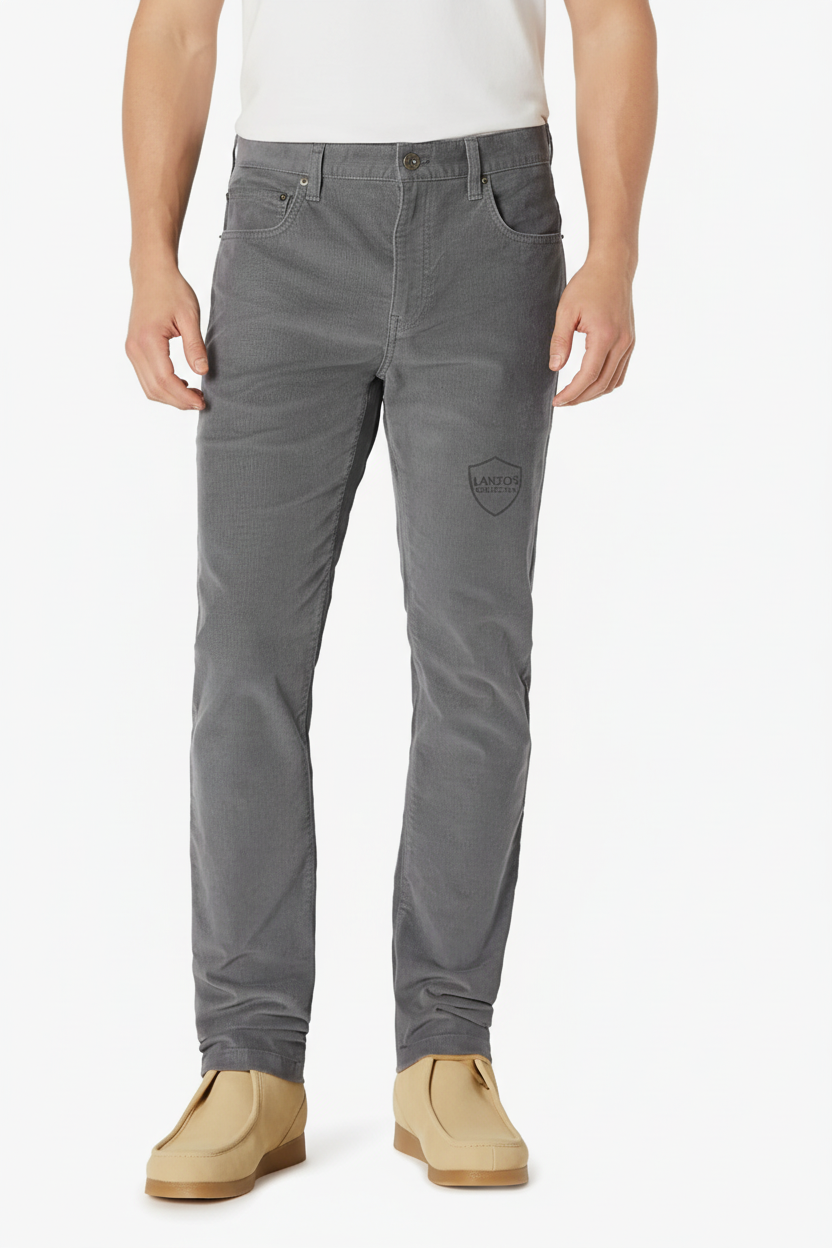 LANZO'S COLLECTION Dark Grey Slim Fit Corduroy Pants with subtle shield logo