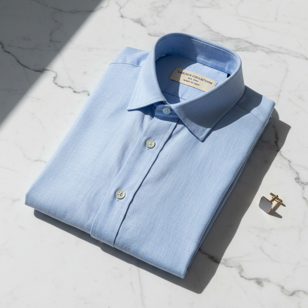 LANZO'S COLLECTION Powder Blue Linen Short Sleeve Shirt — premium flat lay