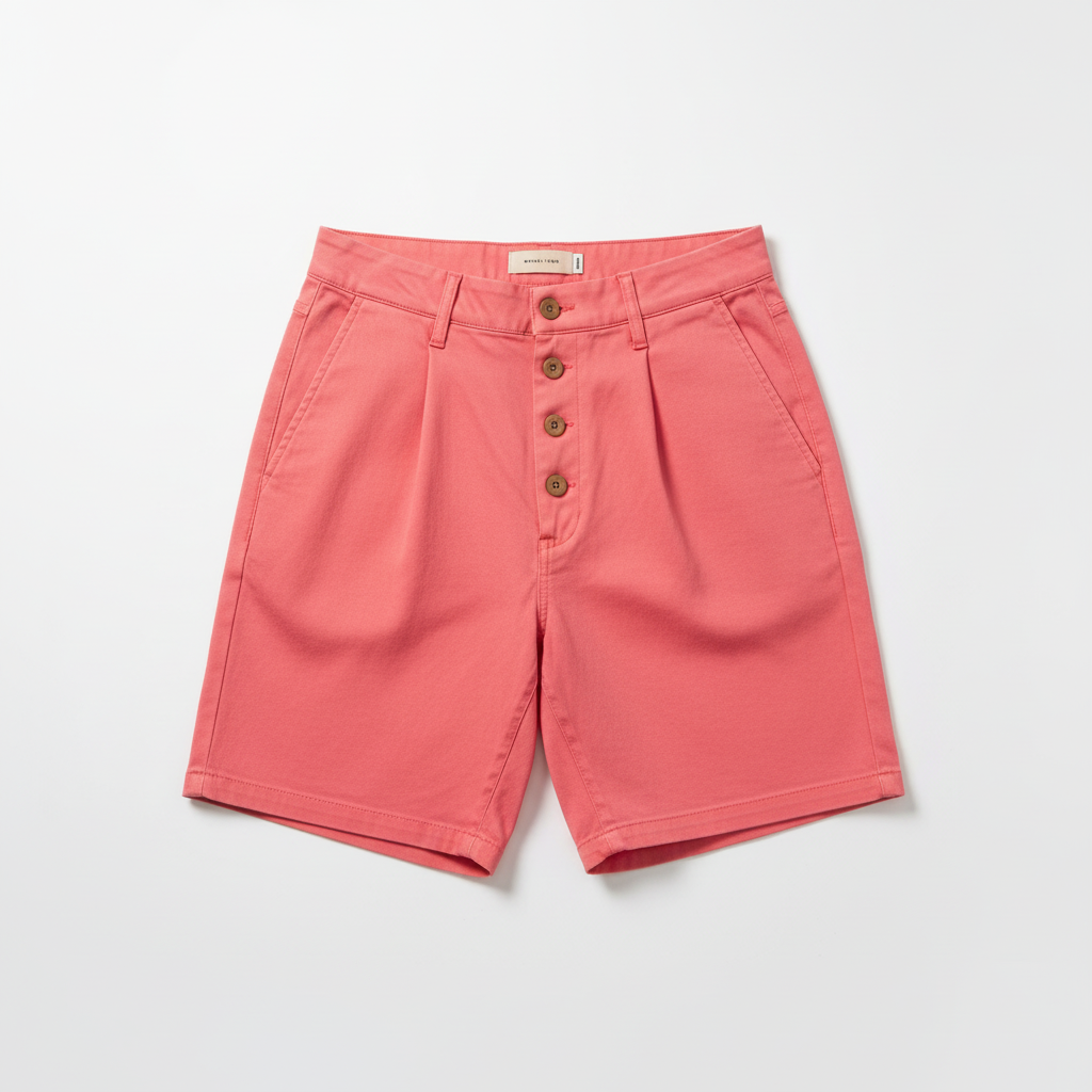 Men's coral pink casual stretch chino shorts flat lay
