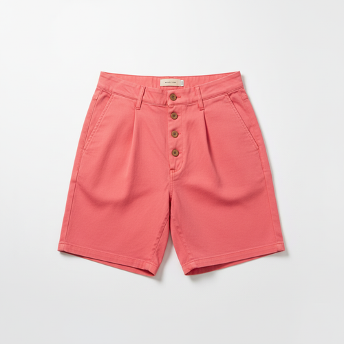 Men's coral pink casual stretch chino shorts flat lay