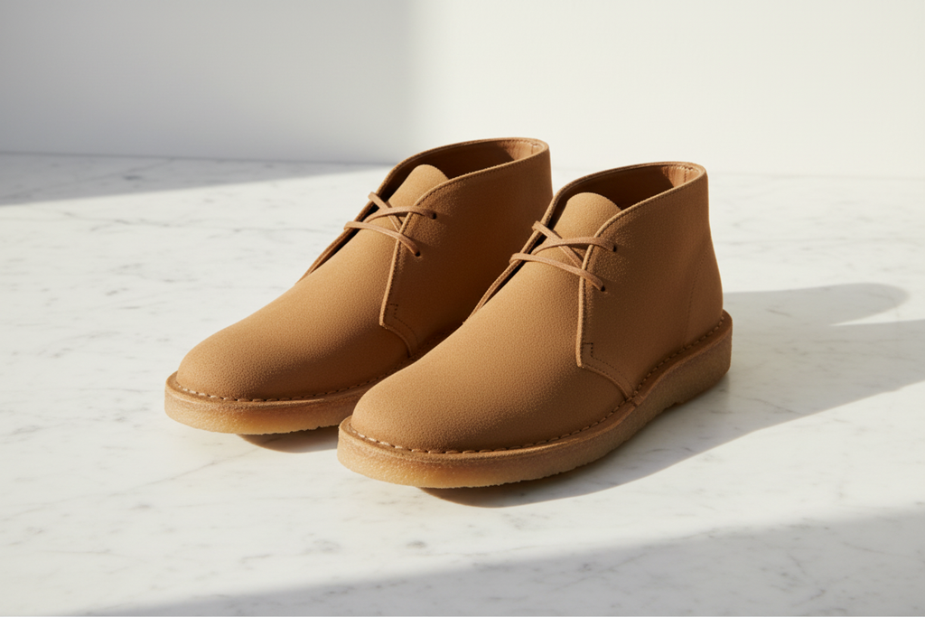 Clarks Desert Boot Honey Nubuck — flat lay on marble