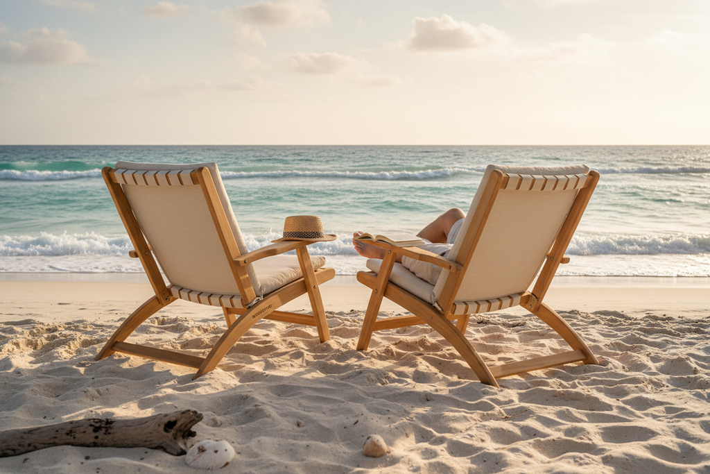 Wooden Beach Chairs on Sandy Beach