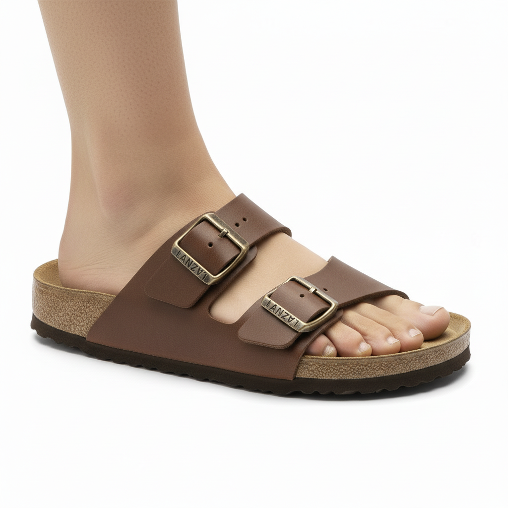 LANZO Brown Leather Buckle Sandals - Side View