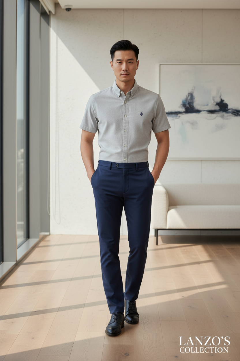 LC Shield Short Sleeve Oxford Shirt in Grey – Lifestyle Campaign Shot