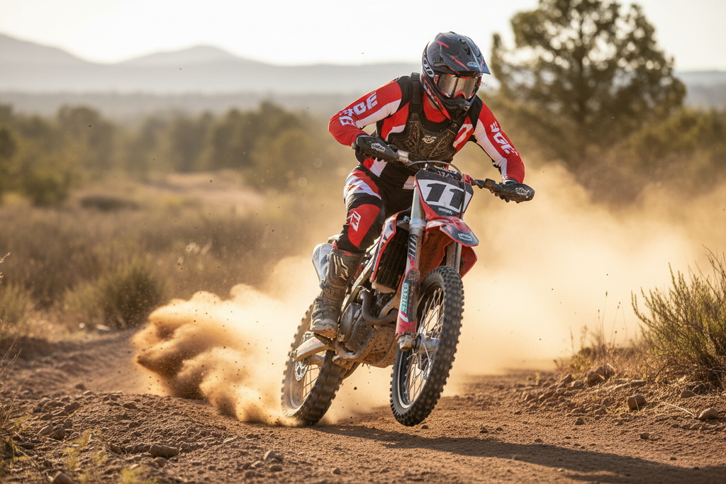 Action shot of trail riding with motocross goggles