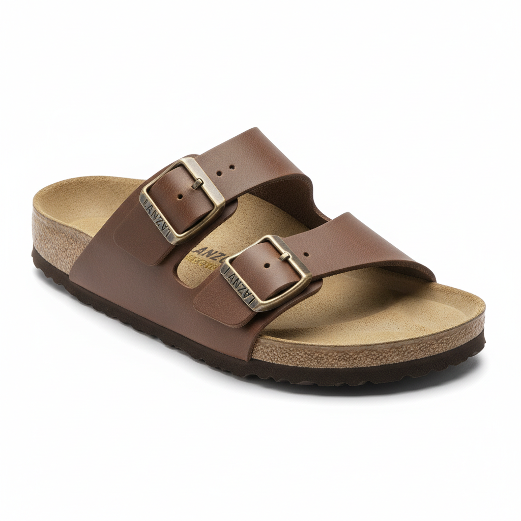 LANZO Brown Leather Buckle Sandals - Front View