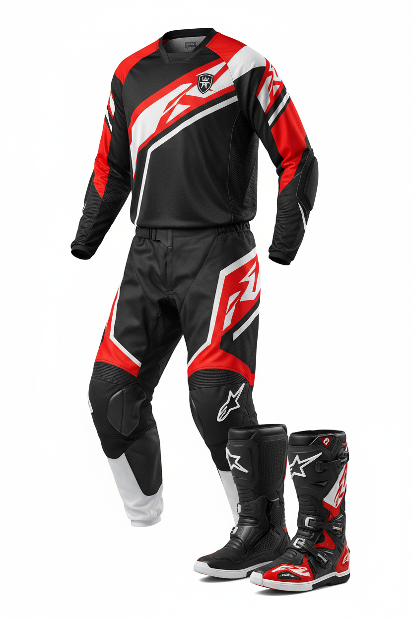 Premium motocross racing suit in black, red, and white