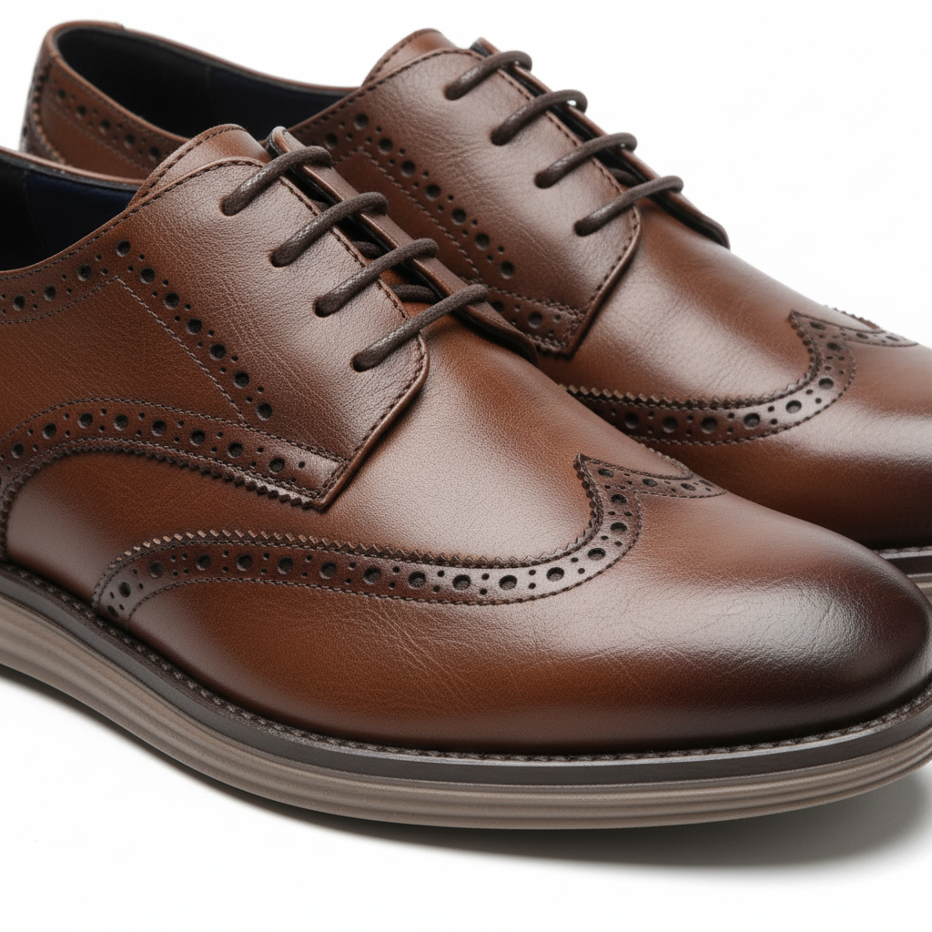 Close-up detail of brogue perforations and wingtip stitching on leather oxford shoe