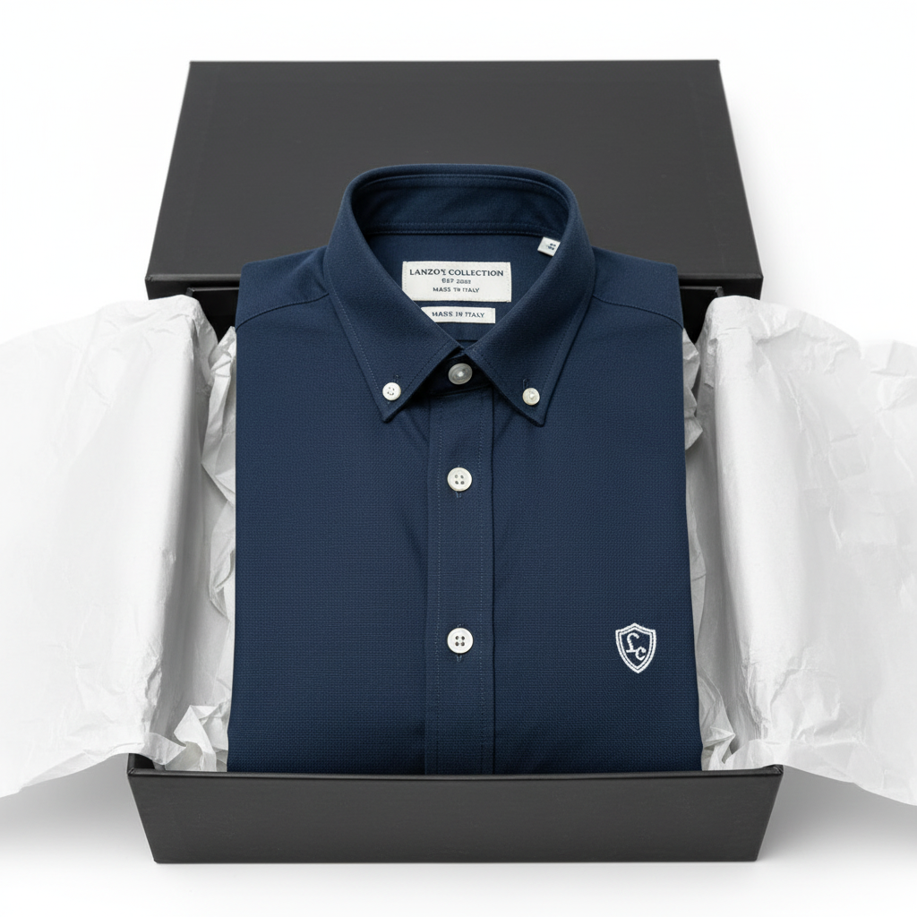LC Shield Oxford Button Shirt in Navy Blue – Luxury Unboxing Shot
