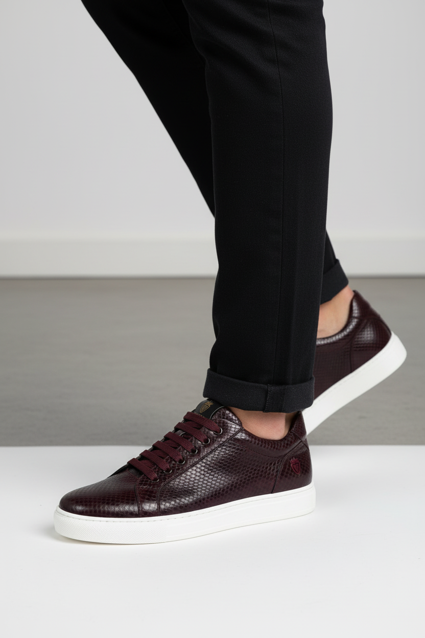 Burgundy Snake Material Sneaker - Lifestyle Promotional Image