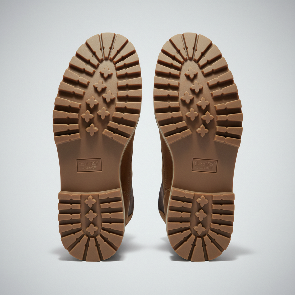 Bottom sole showing deep tread pattern for traction