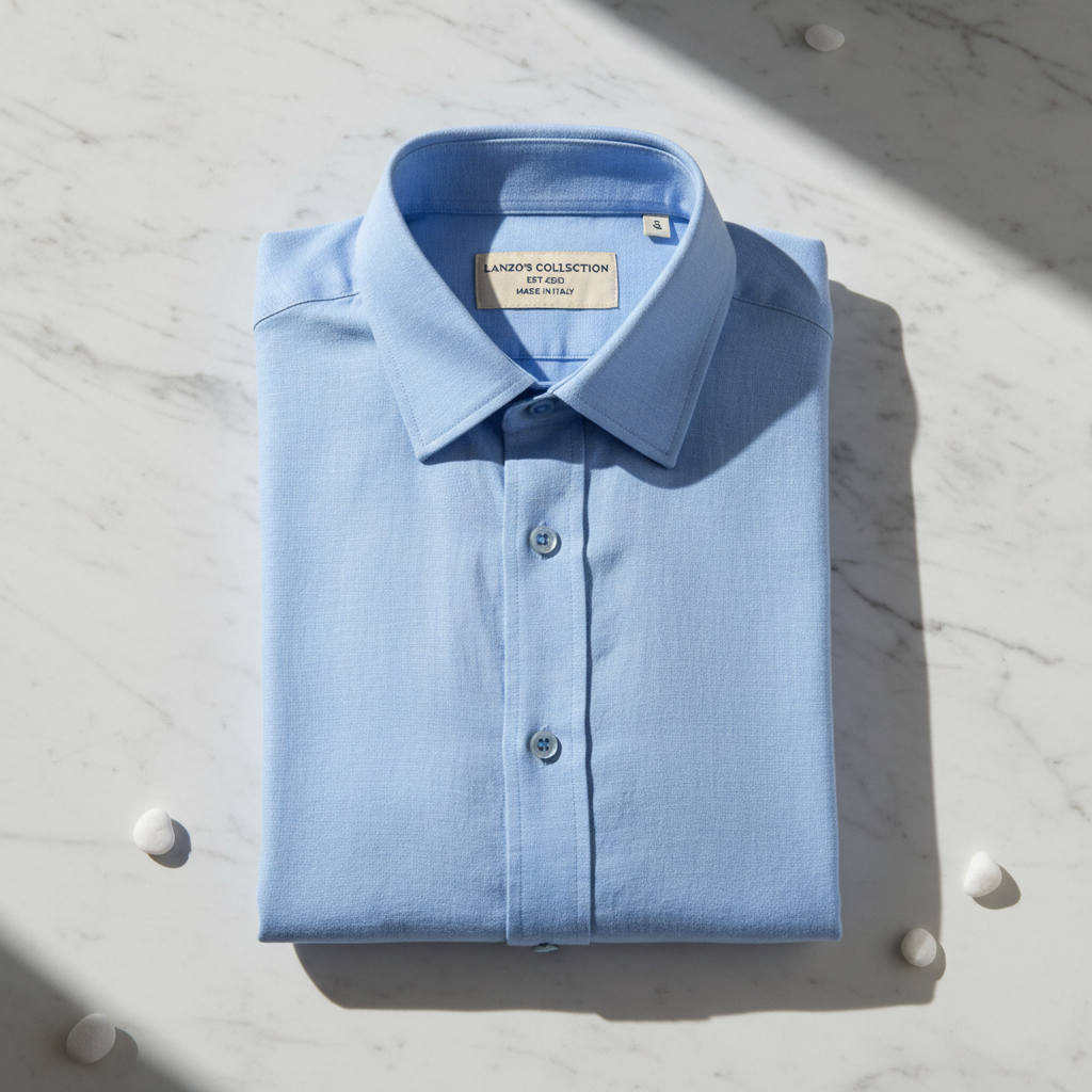 LANZO'S COLLECTION Powder Blue Linen Long Sleeve Shirt — premium flat lay