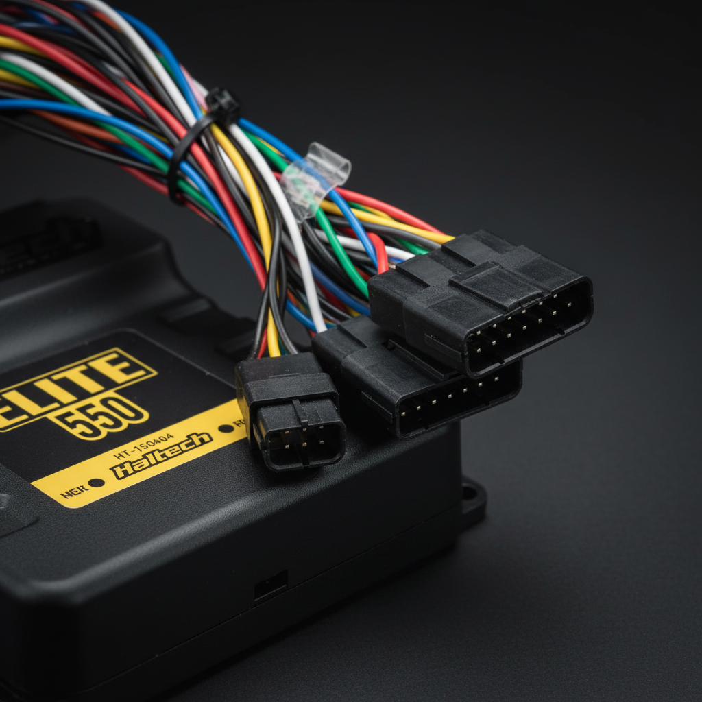 Close-up of Haltech Elite 550 ECU connectors and wiring harness plugs