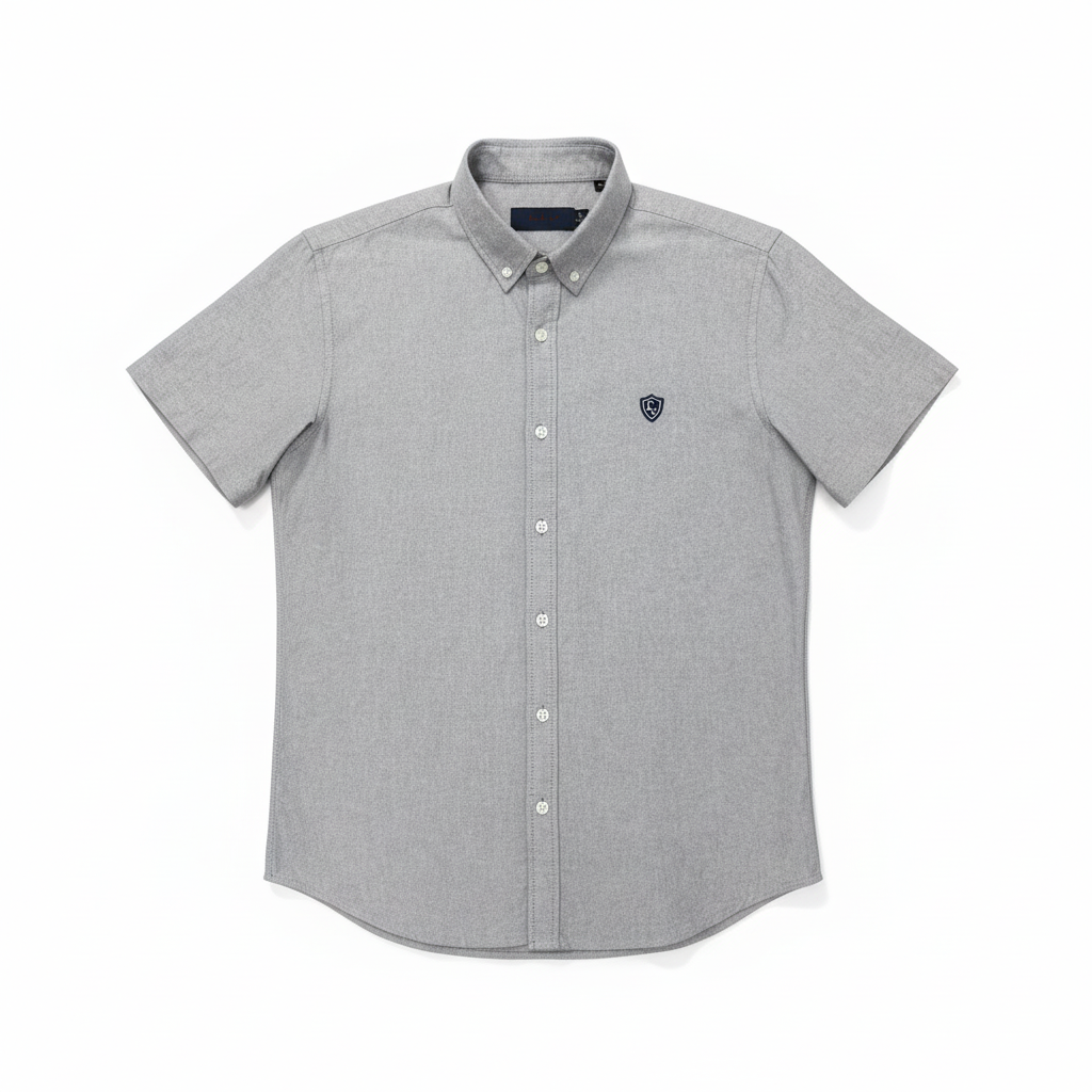 LC Shield Short Sleeve Oxford Shirt in Silver Grey – Hero Studio Shot