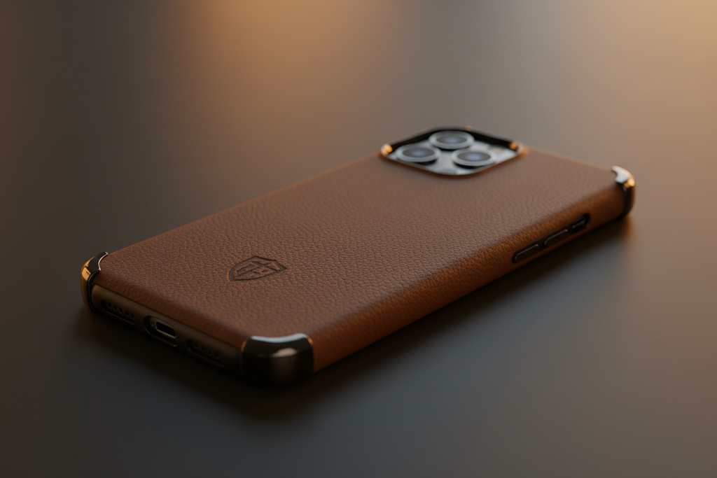 LANZO'S COLLECTION Brown Leather iPhone 17 Case — hero shot on dark slate