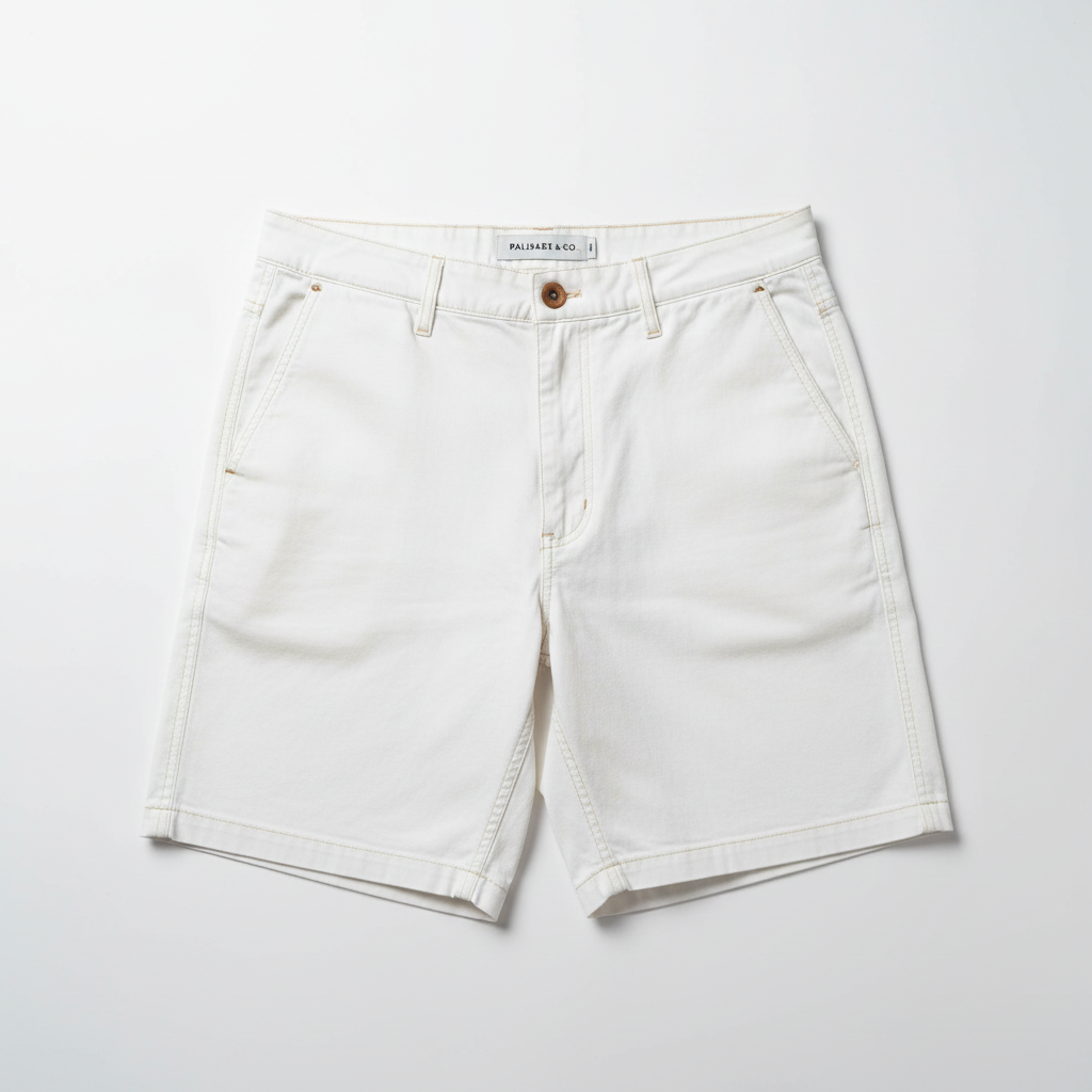 Men's white casual stretch chino shorts flat lay