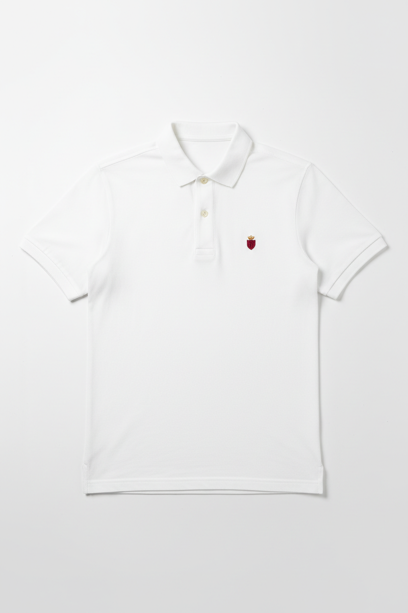 White premium cotton polo shirt with red crowned shield logo